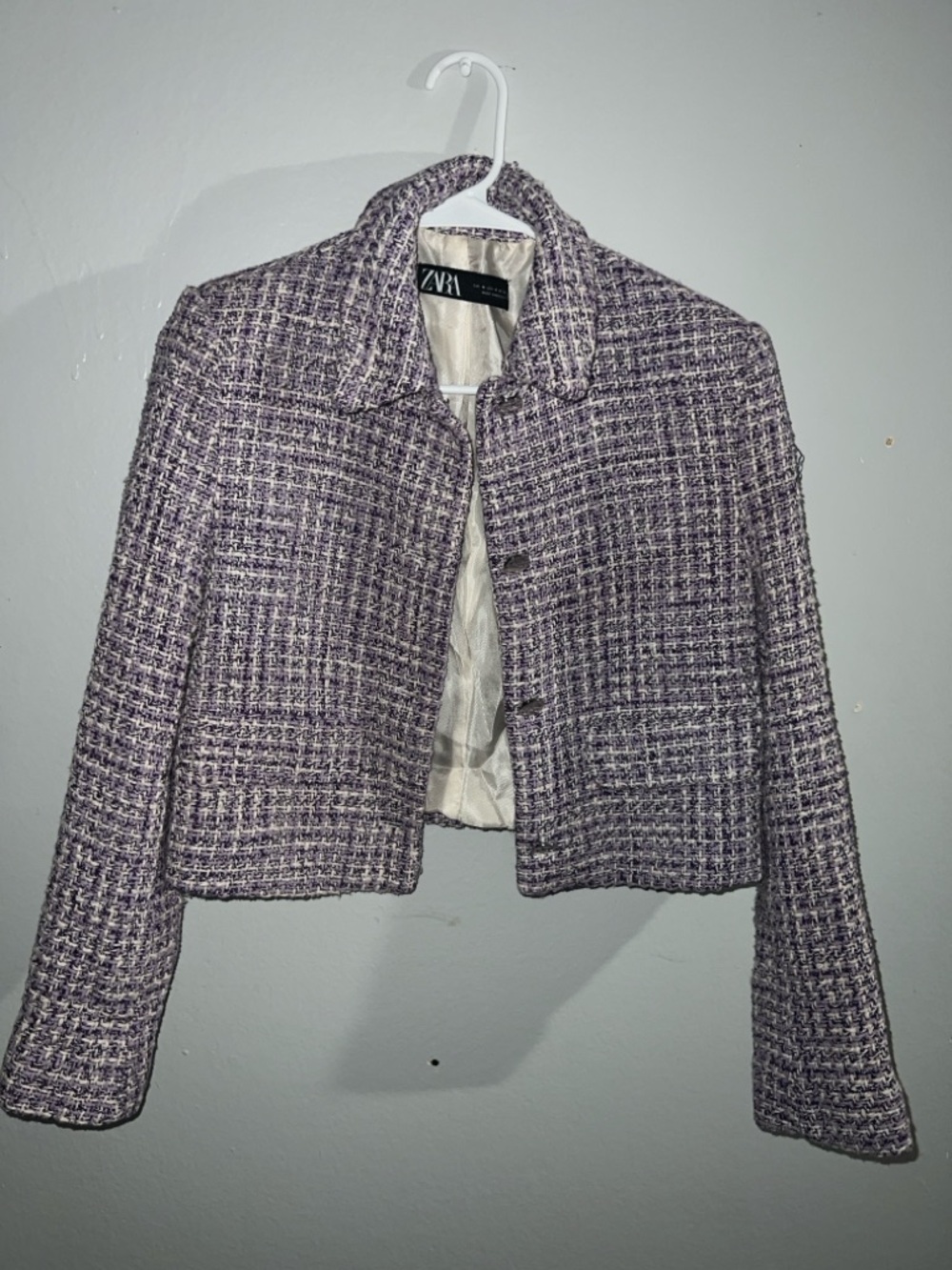 Zara Purple and White Tweed Cropped Blazer